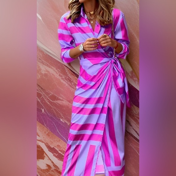 Dresses & Skirts - OLIVIA Women’s PRINTED Wrap SHIRT DRESS Lavender Fuchsia Medium NWOT